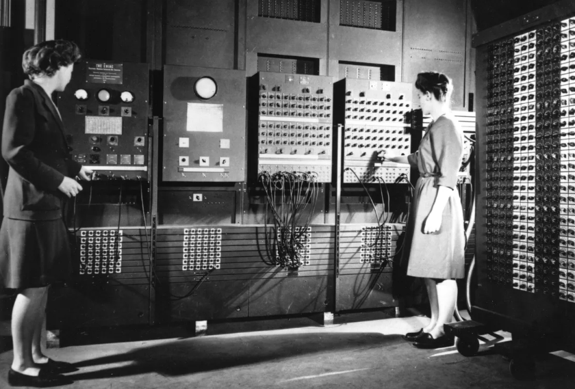 Jean Jennings (left) and Frances Bilas, two of the ENIAC programmers, are preparing the computer for Demonstration Day in February 1946. UNIVERSITY ARCHIVES AND RECORDS CENTER/UNIVERSITY OF PENNSYLVANIA