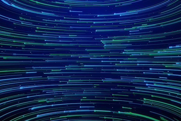 Series of green and blue lights moving to the left of the screen in a vortex.