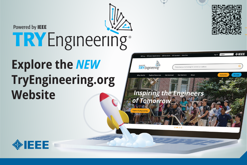 Explore the new TryEngineering.org website. Shows a laptop with the new site on the screen and a tiny rocket ship launching off the keyboard.