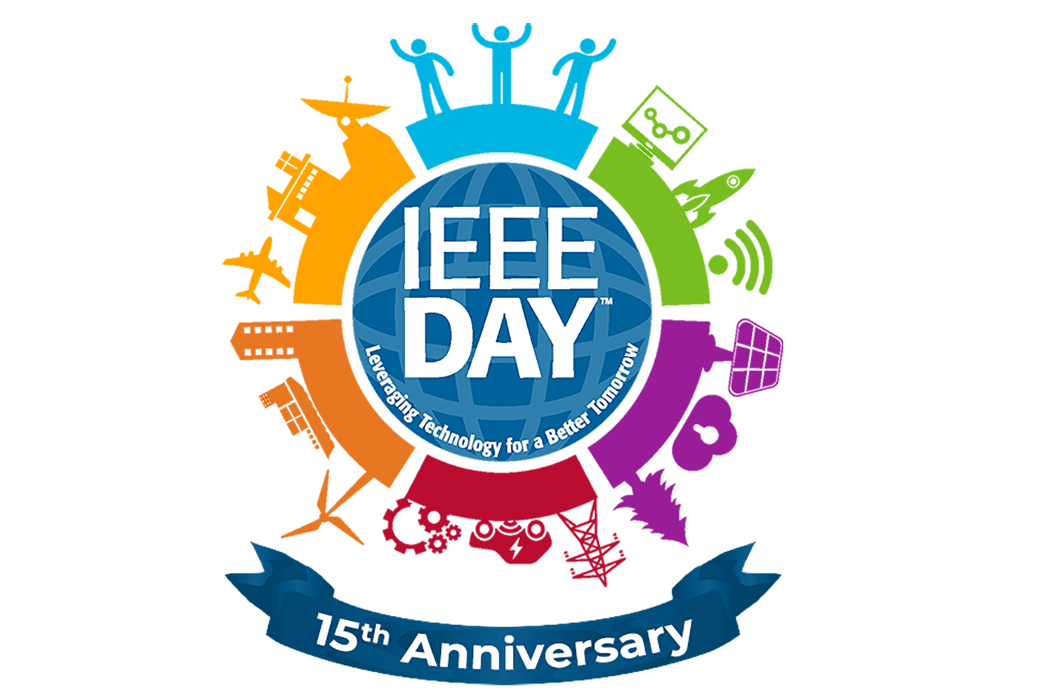 IEEE Day logo with colorful silhouettes of people and engineering topics, around a circle with the logo, which reads IEEE Day; leveraging technology for a better tomorrow. This is the 15th anniversary of IEEE Day.