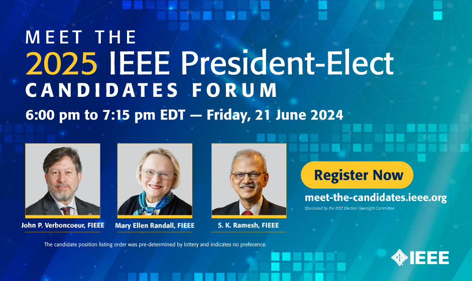 Photos of the three president-elect candidates: S.K. Ramesh, John Verboncoeur, and Mary Ellen Randall. A yellow button reads Register Now.