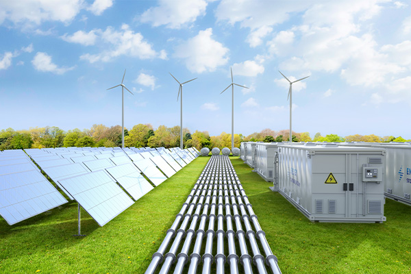 Solar panels and wind turbines in a field surrounded by trees.